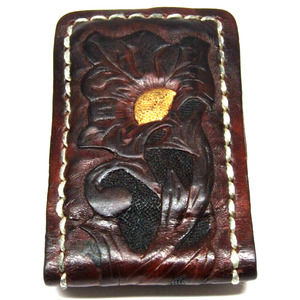 Elegant Brown Leather Magnetic Money Clip Wallet W/ Intricate Floral Embossed